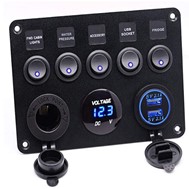 Tablero Panel (5 teclas Multi-Functions Panel 12V/24V Dual USB Socket + Voltmeter + 12V Outlet*2 + 4*Switches; USB socket output: DC 5V / 3.1A; Power outlet: DC 12V; Voltmeter display range: 6 - 30V /Size: 16.9cm*12cm*9.5cm